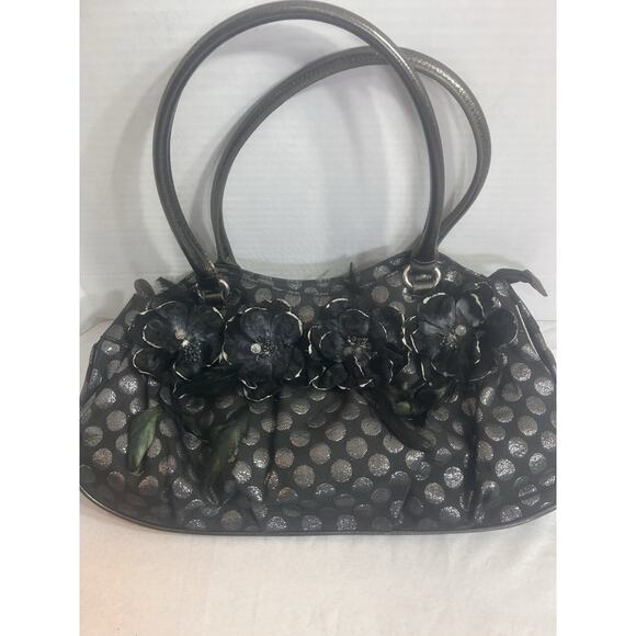 Hananel Black Feathers Flowers Bling Purse Hand Bag Embellished Silver Polka Dot - Picture 2 of 16